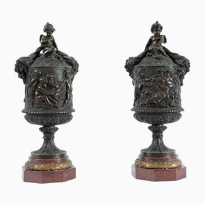 French Napoleon III Cassolettes in Burnished Bronze and Red Griotte Marble, 19th Century, Set of 2