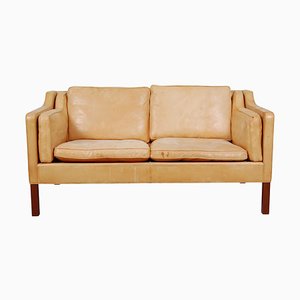 Model 2212 2-Seater Sofa in Patinated Natural Leather by Børge Mogensen for Fredericia, 2000s