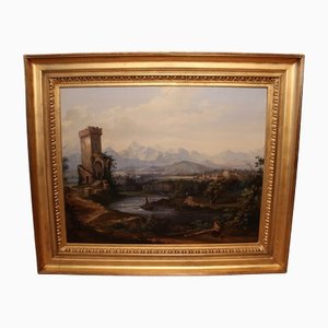 Paisaje romántico, década de 1800, óleo sobre lienzo, enmarcado