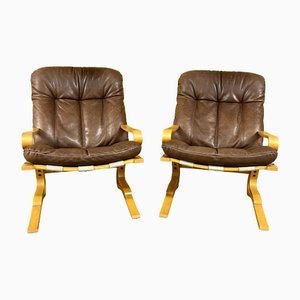 Scandinavian Bentwood Leather Armchairs, 1970s, Set of 2