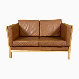 Danish 2-Seater Leather Sofa with Wooden Frame