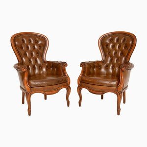 Deep Buttoned Leather Armchairs, 1950s, Set of 2