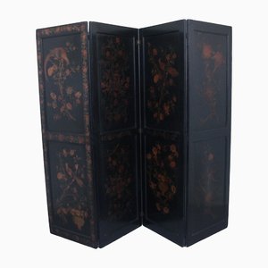 Chinoiserie and Black Lacquered 4-Panel Screen, 1860s