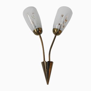 Vintage Wandlampe mit Röhrenstäben und 2 Glasschirmen, 1950er