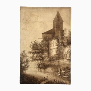 Schloss, 1800er, Waschzeichnung auf Papier
