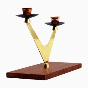 Art Deco Candleholder in Teak and Brass, 1950s