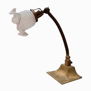 Art Deco Goose Neck Table Lamp in Brass and Frosted Glass from General Electric, 1930s