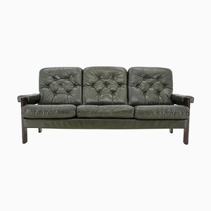 Dark Green Leather 3-Seater Sofa, Denmark, 1970s