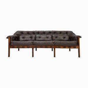 Mid-Century Brown Leather 3 Seater Sofa by Arne Norell, 1960s