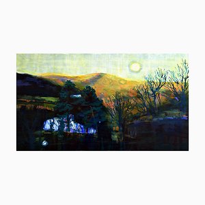 Andrew Francis, Pont Ceri Sunset, 2021, Öl an Bord, Gerahmt