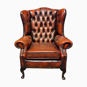 Queen Anne Chesterfield Armchair in Oxblood Red Leather