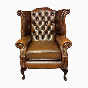 Queen Anne Chesterfield Armchair in Brown Red Leather