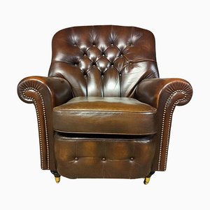 Queen Anne Chesterfield Armchair in Brown Red Leather