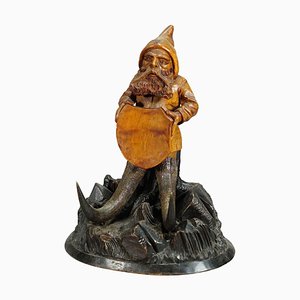 Wooden Carved Black Forest Dwarf Sitting on Three Stump, 1890s