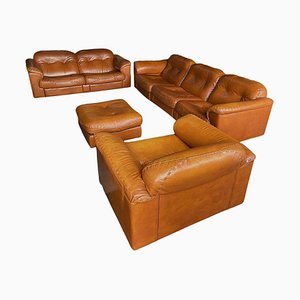 DS-101 Cognac Leather Sofas, Armchair and Ottoman from De Sede, 1970s, Set of 4