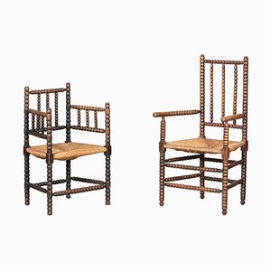 Set of 19th Century Arts & Crafts Oak Bobbin Armchairs, 1890s