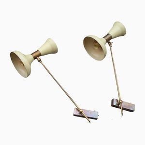 Articulated Wall Lamps in Brass and White Lacquered Aluminum, 1950, Set of 2