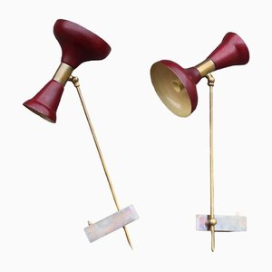 Articulated Wall Lamps in Brass and Red Lacquered Aluminum, 1950, Set of 2