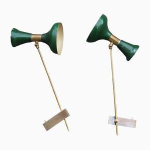Articulated Wall Lamps in Brass and Green Lacquered Aluminum, 1950, Set of 2