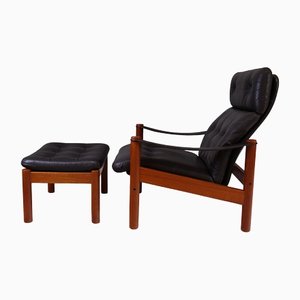 Mid-Century Danish Leather Lounge Chair with Ottomann, 1970s, Set of 2