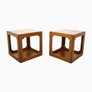 Cubic Walnut Side Tables, Italy, 1960s, Set of 2