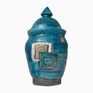 Vintage Danish Turquoise Raku Glazed Cubist Urn, 1970s