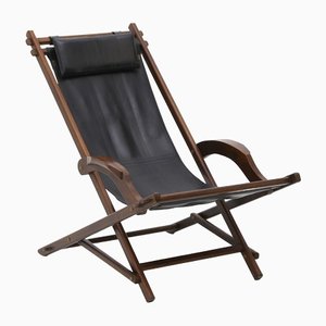 Black Leather Deck Chair with Armrests, 1940s