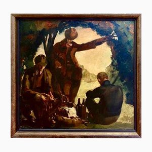 The Picnic on the Riverside, 1940s, Oil on Canvas, Framed