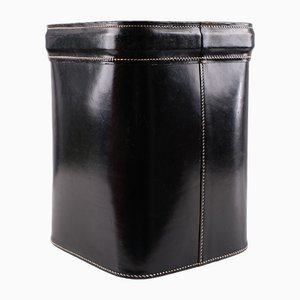 Black Stich Leather Waste Basket by Jacques Adnet, France, 1957