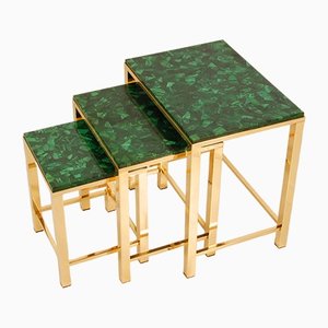 Mid-Century Malachite and Gold Gilt Brass Nesting Tables Coffee Table, 1970s, Set of 3
