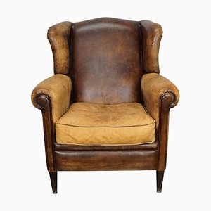 Fauteuil à Oreilles Vintage en Cuir Couleur Cognac, Pays-Bas