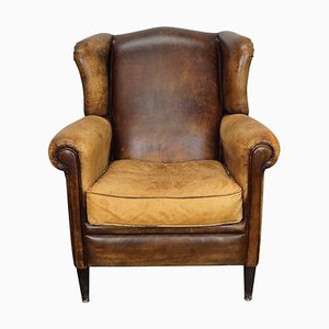 Vintage Dutch Cognac Colored Leather Wingback Club Chair