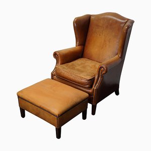 Vintage Dutch Cognac Colored Wingback Leather Club Chair with Footstool, Set of 2