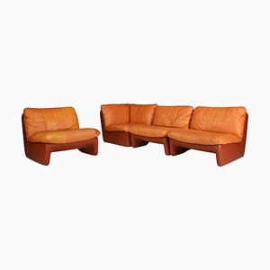 Mid-Century Modern Leather Patchwork Lounge Sofa and Armchair, 1970s, Set of 4