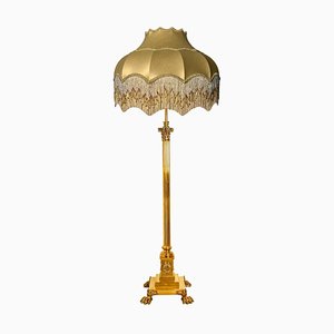Antique Corinthian Column Brass Floor Lamp with Fringed Lampshade, England, 1890