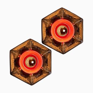 Fat Lava Brown and Red Ceramic Wall Lights, West Germany, 1970s, Set of 2