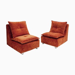 Mid-Century Italian Orange Velvet Fabric Fireside Chairs, 1970s, Set of 2