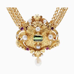 18 Karat Gelbgold Französische Rubin Turmalin Perlenkette, 1960er