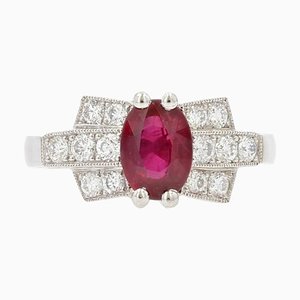 French Modern Art Deco Ruby Diamonds Platinum Ring, 2022