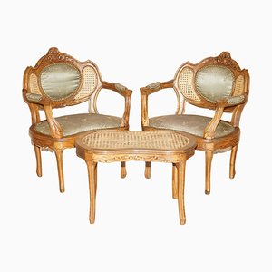 Antique Napoleon III Bergere Armchairs and Matching Table, 1890, Set of 3