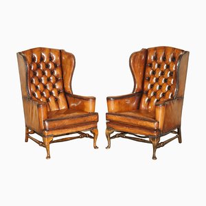 Fauteuils à Oreilles Antiques en Cuir Marron par William Morris, 1900, Set de 2