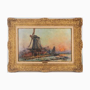 Albert Marie Lebourg, Vicino a Rotterdam: mulino a vento e sole al tramonto, 1896, olio su tela