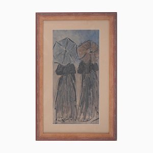 Henry Saint Clair, Normandía: mujeres jóvenes con sombrilla en la playa, óleo sobre tabla, enmarcado