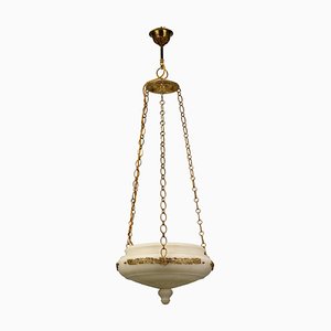French Neoclassical Style White Alabaster, Gilt Bronze and Brass Pendant Light, 1890s