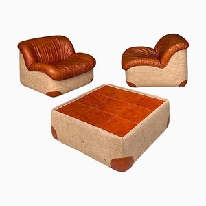 Modern Italian Leather and Fabric Armchairs and Coffee Table, 1970s, Set of 3