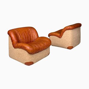 Modern Italian Cognac Leather and Sand Colored Fabric Armchairs, 1970s, Set of 2