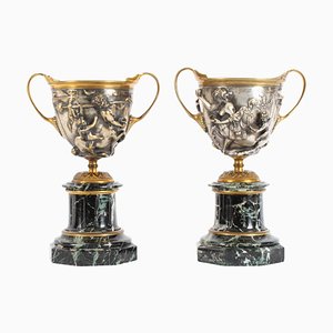 19th Century French Grand Tour Silvered Bronze Pedestal Urns, Set of 2