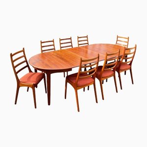 Model 62 Dining Table and Chairs in Teak by Henning Kjærnulf for Sorø Stolefabrik, Set of 9