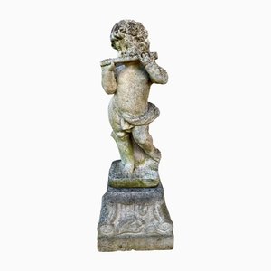 20th Century Flute Stone Garden Cupid on Pedestal