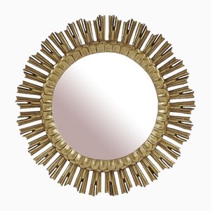 Mid-Century Golden Sunburst Wood Mirror, 1950s